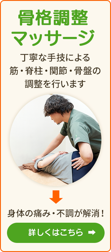 「整体施術」丁寧な手技による筋・筋膜・骨格の調整を行います。身体の痛み・不調が解消!