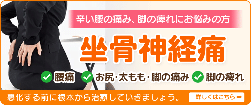 辛い腰の痛み、脚の痺れにお悩みの方「坐骨神経痛」悪化する前に根本から治療していきましょう。